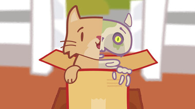 KatzeQ hält ein geöffnetes Paket mit fragender Mimik, Pressebild zur es rappelt in der Box-Aktion.